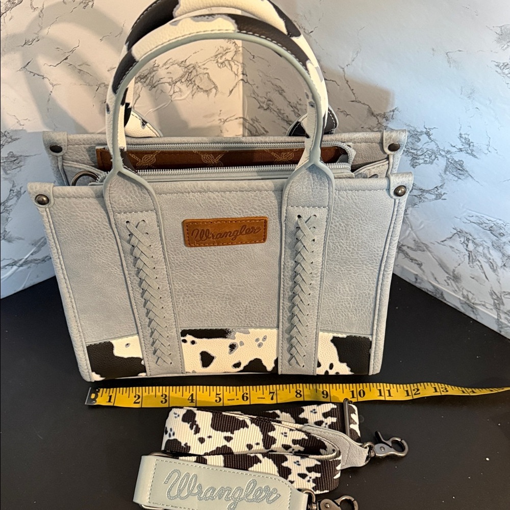 Wrangler Cow Print Tote in Dusty blue and Black